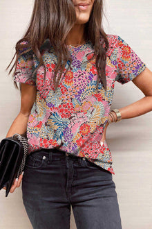  Red Short Sleeve Floral Print T Shirt