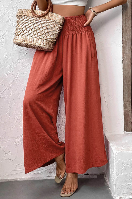 Red Smocked Pockets High Waisted Beach Pants