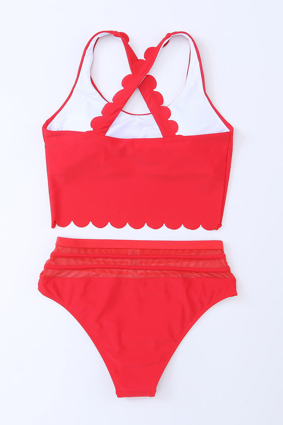 Rose Scalloped Sleeveless High Waisted Two-Piece Swimsuit | Available in 2 Colors