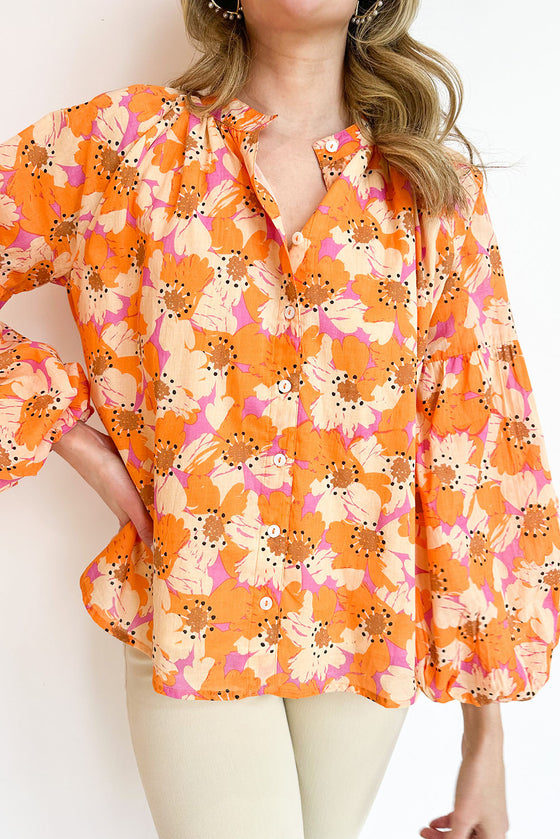 Orange Floral Print Loose Long Sleeve Blouse