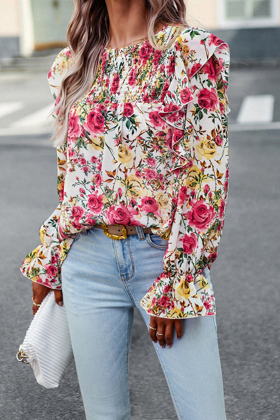 White Floral Ruffle Trim Long Sleeve Blouse