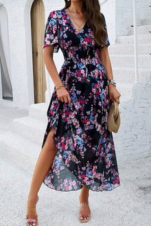  Black Floral Print Shirred Waist V Neck Maxi Dress