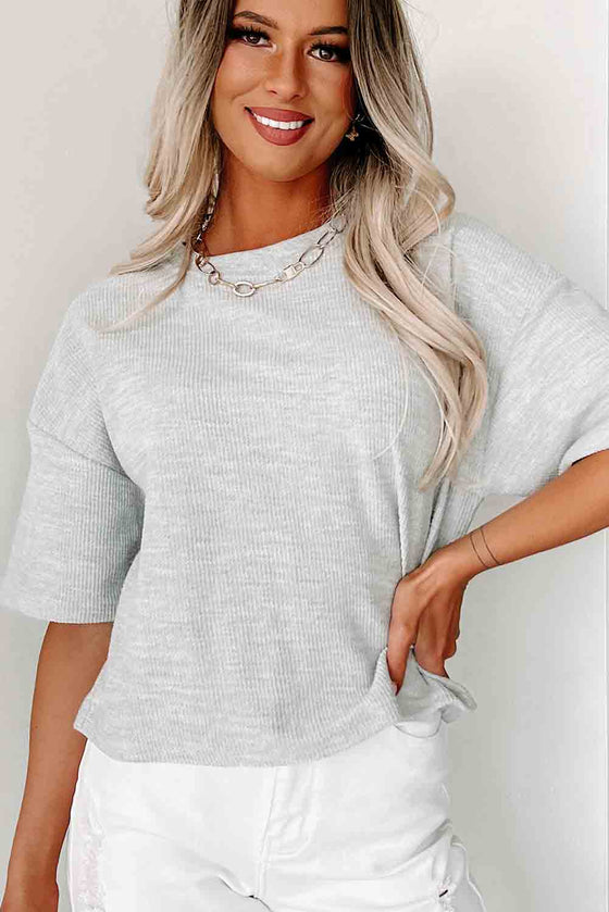 Gray Plain Rib Knit Sleeve Top