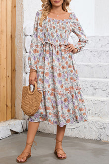  Multicolor Floral Print Smocked Pocketed Flared Midi Dress