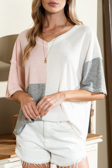  Pink and Gray Waffle Colorblock Oversized Top