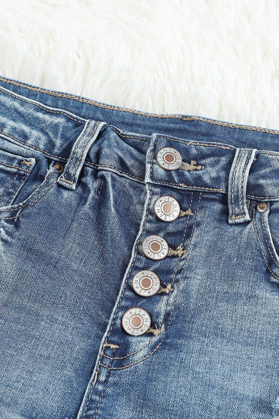 Light Blue Button Fly Distressed High-Rise Denim Shorts