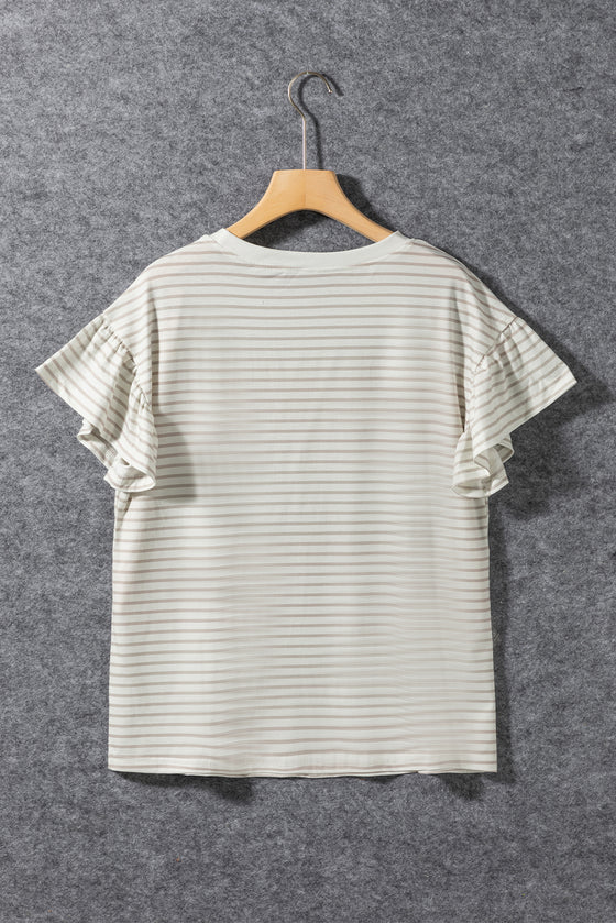 Apricot Striped Lace Splicing Ruffle Sleeve T-shirt | Available in 2 Colors