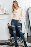 Apricot Elegant Cowl Neck Long Sleeve Blouse