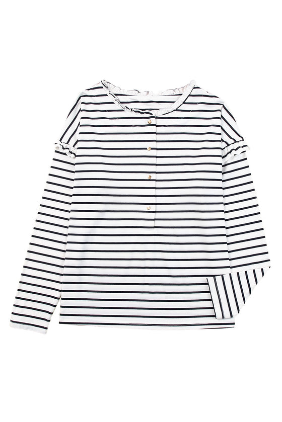 Black and White Striped Snap Button Ruffle Trim Long Sleeve Top