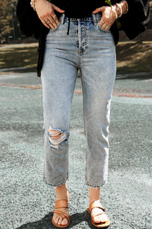  Light Blue Acid Wash Distressed Straight Leg Cropped Jeans