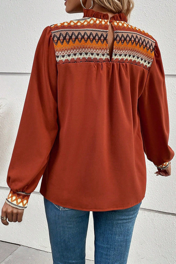 Burnt Orange Geometric Frilled Neck Puff Sleeve Blouse