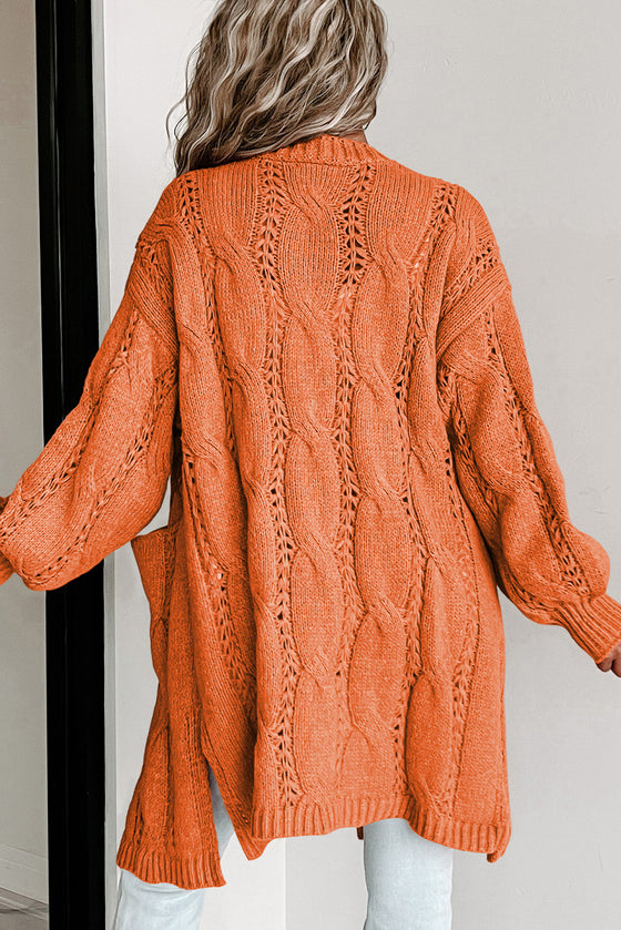 Apricot Ribbed Trim Hollow Knit Side Slits Cardigan