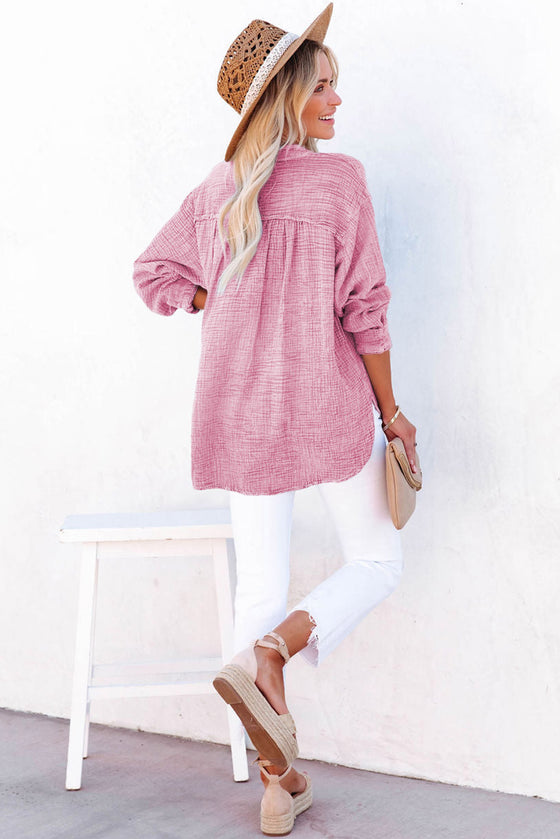 Loose Crinkle Button V Neck Henley Top | Available in 4 Colors