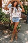 White Floral Ruffled Knot Short Sleeve Blouse