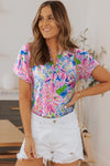 Pink Abstract Floral Print Split V Neck Top