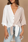 White Colorblock V Neck Collared Side Slits Blouse