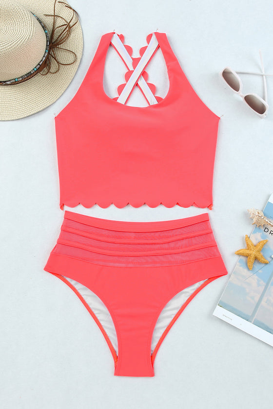 Rose Scalloped Sleeveless High Waisted Two-Piece Swimsuit | Available in 2 Colors