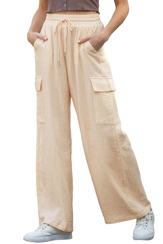 Apricot Loose Drawstring High Waist Crinkled Cargo Pants