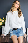 White Smocked Casual Textured Bishop Sleeve Blouse