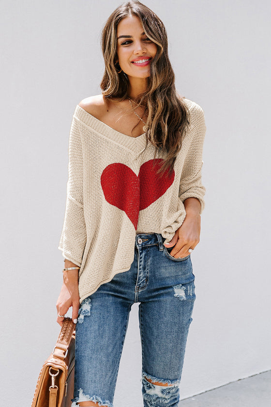 Beige Casual Heart Print Knit Sweater