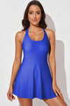 Blue Strappy Halter Neck Skirt One Piece Swimsuit