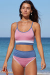 Pink Colorblock Spaghetti Straps Ribbed High Waist Bikini Swimsuit