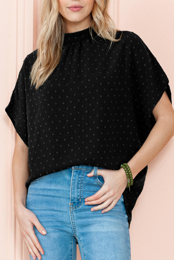 Black Swiss Dot High Neck Batwing Sleeve Blouse