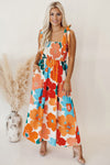 Orange Floral Printed Shoulder Tie Smocked Maxi Dress