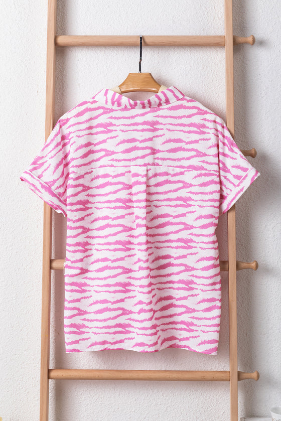 Pink Zebra Print V-Neck Roll Up Sleeve Blouse | Available in Black