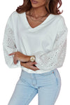 White V-neck Eyelet Embroidered Puff Sleeve Blouse