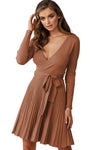 Belted Wrap V Neck Ribbed Pleated Sweater Dress in Gray or Brown