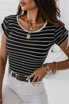 Black Striped Drawstring Sleeve Knitted T Shirt