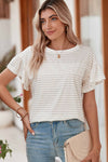 Apricot Striped Lace Splicing Ruffle Sleeve T-shirt | Available in 2 Colors