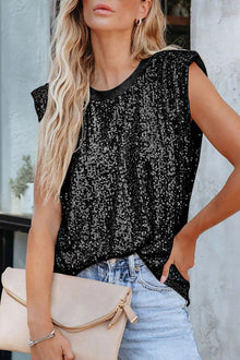  Black Crew Neck Sleeveless Sequin Top