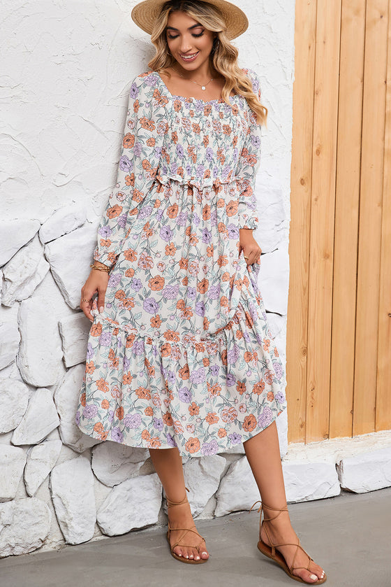 Multicolor Floral Print Smocked Pocketed Flared Midi Dress