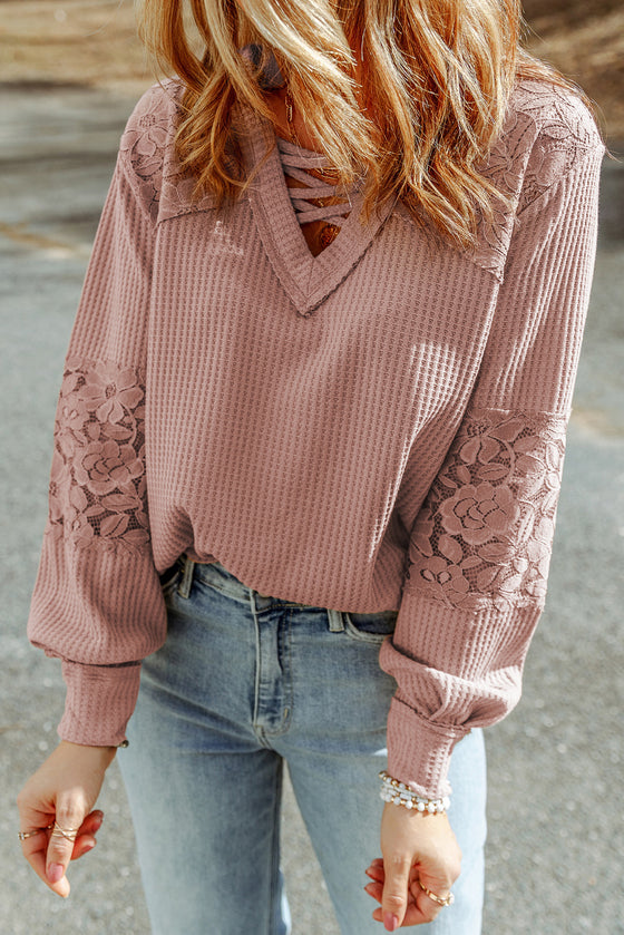 Pink Lace Waffle Knit Crisscross Straps V Neck Long Sleeve Top |Available in 2 Colors