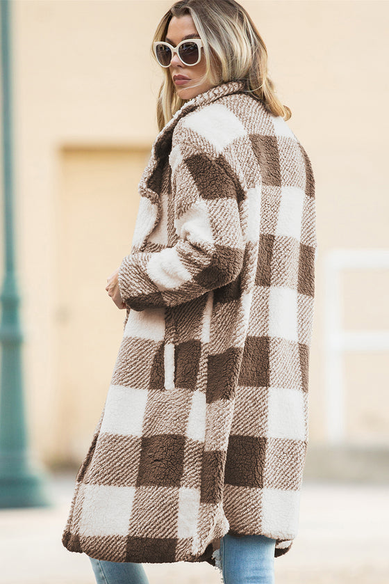 Brown Plaid Lapel Collar Long Open Front Coat