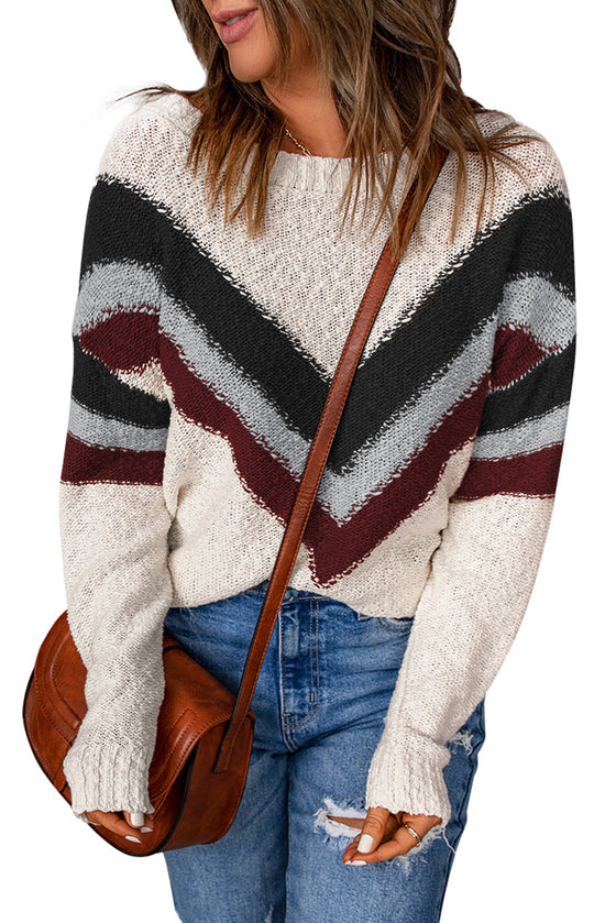 Beige Chevron Casual Drop Shoulder Knit Sweater