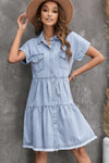 Blue Button Up Short Sleeve Denim Shirt Dress