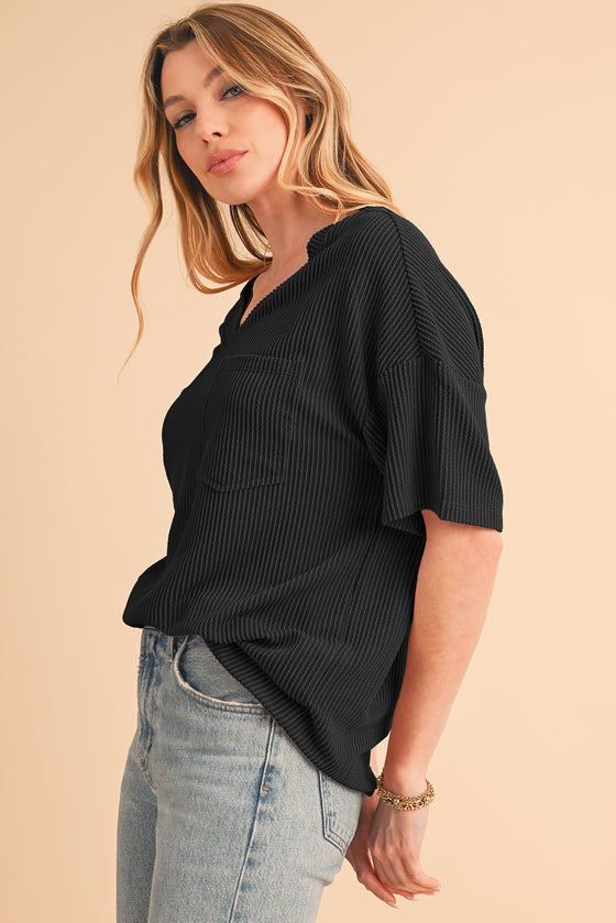 Black Ribbed V Neck Pocket Drop Sleeve T-Shirt