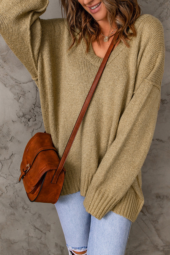 Khaki Knit Pullover Drop Shoulder Oversized Sweater