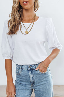  White Puff Sleeve Top with Keyhole Back