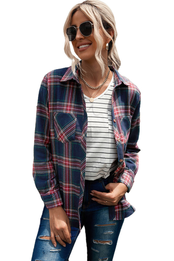 Multicolor Plaid Casual Pockets Asymmetric Long Sleeve Shacket