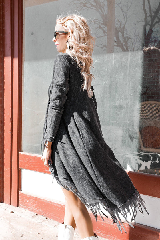 Black Mineral Washed Tassel Open Front Long Cardigan