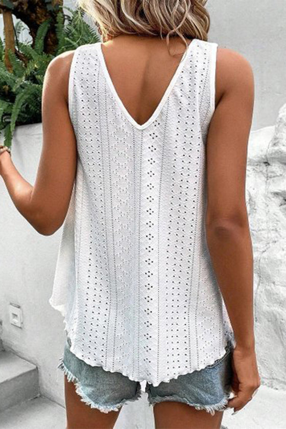 White Lace Crochet Eyelet V Neck Tank Top | Available in 4 Colors