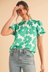 Green 60s Floral Print Puff Sleeve Frill Neckline Blouse