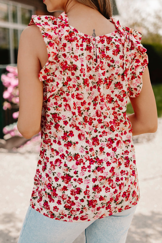 Red Floral Sleeveless Shirt