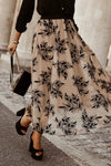 Apricot Floral Leaves Embroidered High Waist Maxi Skirt