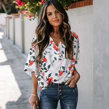  White Loose Fitting Top with Coral and Green Floral Pattern