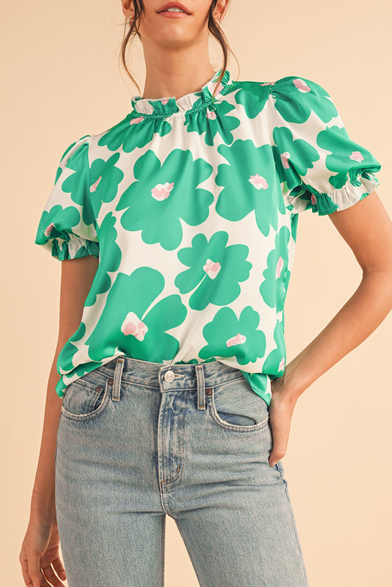 Green 60s Floral Print Puff Sleeve Frill Neckline Blouse